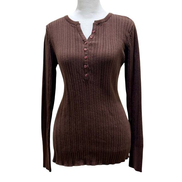 High Sierra Brown Ribbed Henley Sweater Top Metallic Copper Large Bella Swan - Picture 1 of 5